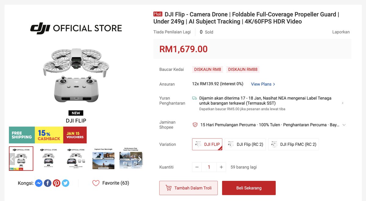 Dron boleh-lipat, DJI Flip dah sampai Malaysia, bermula RM1679 s.shopee.com.my/6V8EeHLVdl