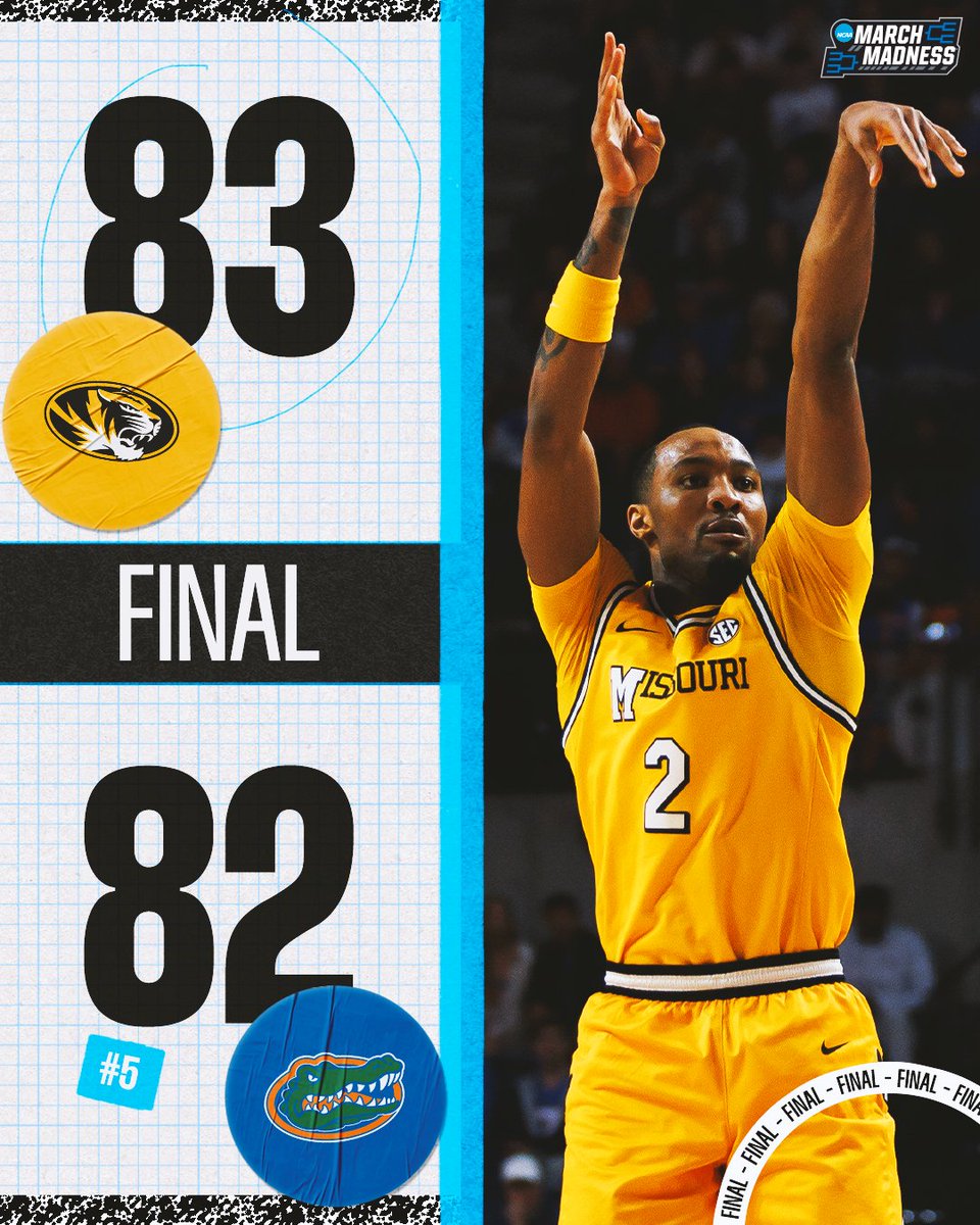 MarchMadnessMBB's tweet image. MISSOURI WINS IN GAINESVILLE 👀

No. 5 Florida can't erase a 19-point deficit and fall on their home floor to the Tigers 🐅