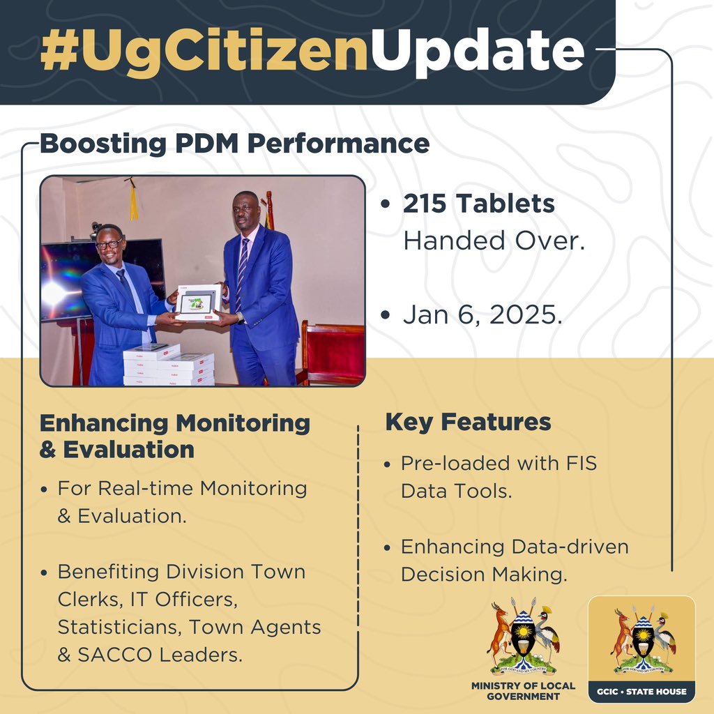 GCICUganda's tweet photo. Over 200 tablets have been handed over to support the Parish Development Model (PDM)! This move will enhance monitoring and evaluation for better performance and accountability. #PDMChangingLives #UGCitizenUpdate https://t.co/Fsdp9OQuRB
