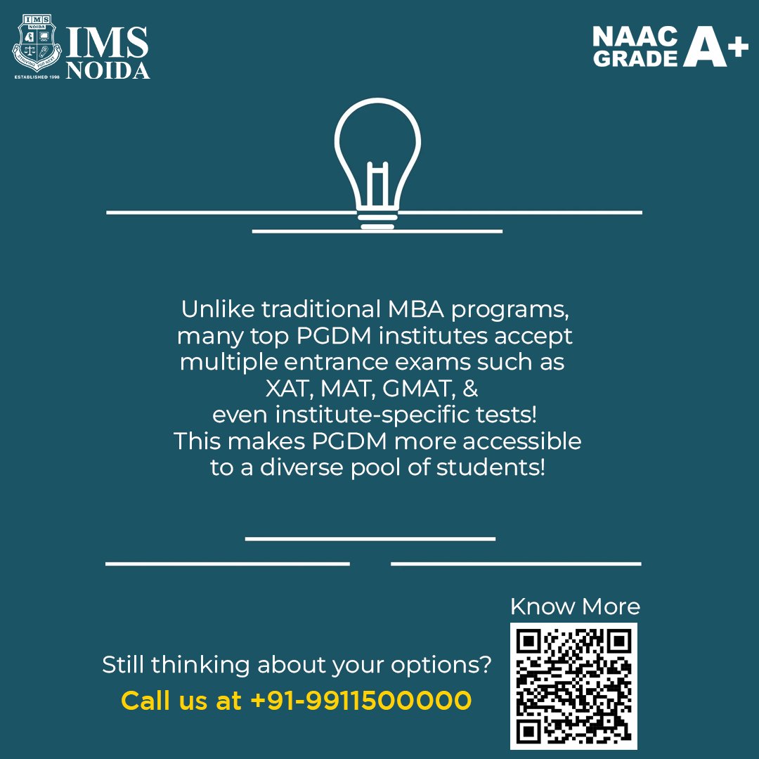 ims_noida's tweet photo. PGDM: Flexible &amp; Accessible! 🌟

✅ Accepts CAT, MAT, XAT &amp; more
✅ No mandatory national-level exams
✅ Easier for working professionals
Why wait? Start your success journey today! 🚀
#PGDMvsMBA #PGDMExams #IMSNoida https://t.co/QqYYJfTbUx