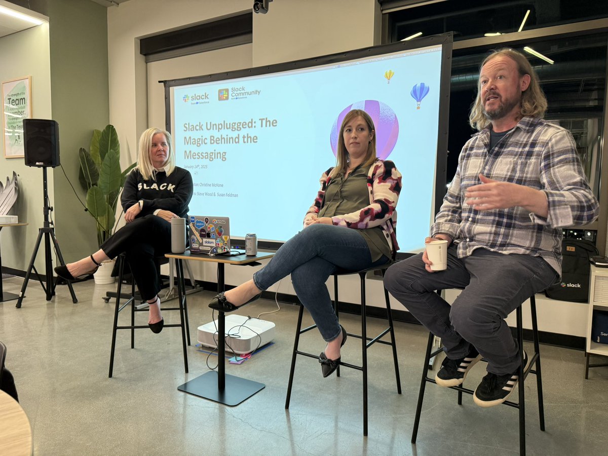KJCox's tweet photo. It’s the 1st inaugural meeting of the Silicon Valley chapter of the Slack User Community!  Listening to Christine McHone Steve Wood (former engineer) and Susan Feldman (operations) talk about the history of Slack. You can sign up here for future meetups https://t.co/sTBlTVEOAt https://t.co/vGw03q5Zj8