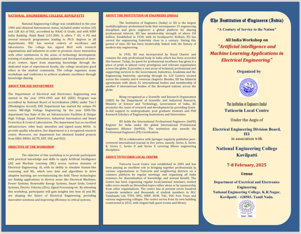 hod_eee_nec's tweet photo. Our dept will organize an All India Workshop with IE(I), Tuticorin on "Artificial Intelligence and Machine Learning Applications in Electrical Engineering" on 7th & 8th Feb 2025. For the workshop register at https://t.co/Ug0fu6eKQ6
@NECKVP
#thinkeeethinknec #placement #AI https://t.co/GapZvT3Bun