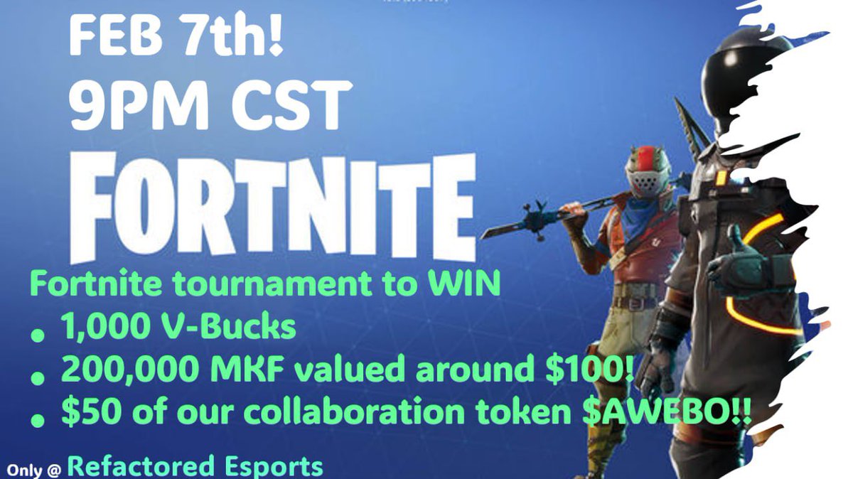 MasterKey_Fin's tweet photo. 🔥 Get Ready for the Ultimate Fortnite Showdown! 🔥

📅 Date: February 7th
🕘 Time: 9 PM CST
🏟️ Where: https://t.co/IPwP4vkbmA

This is your chance to flex your skills and walk away with some insane prizes! Here’s what’s on the line:

🎮 1000 V-Bucks – Upgrade your Fortnite gear!
💰 200,000 $MKF Tokens – Your rewards, your future!
🪙 $50 worth of $AWEBO – Because winners deserve more!

💡 How to Join:
• Be ready to drop into the action at 9 PM CST sharp! 
• Make sure you’re locked into our Discord 30 min prior for keys to enter! 

This tournament is the perfect blend of skill, strategy, and rewards. Don’t miss out on claiming victory and taking home your share of the prizes!

💥 Who will be crowned the champion? Will it be YOU?

Let’s make this a night to remember! 🏆

#MKF #P2E #Fortnite #Tournament #Vbucks #CryptoGaming #AWEBO