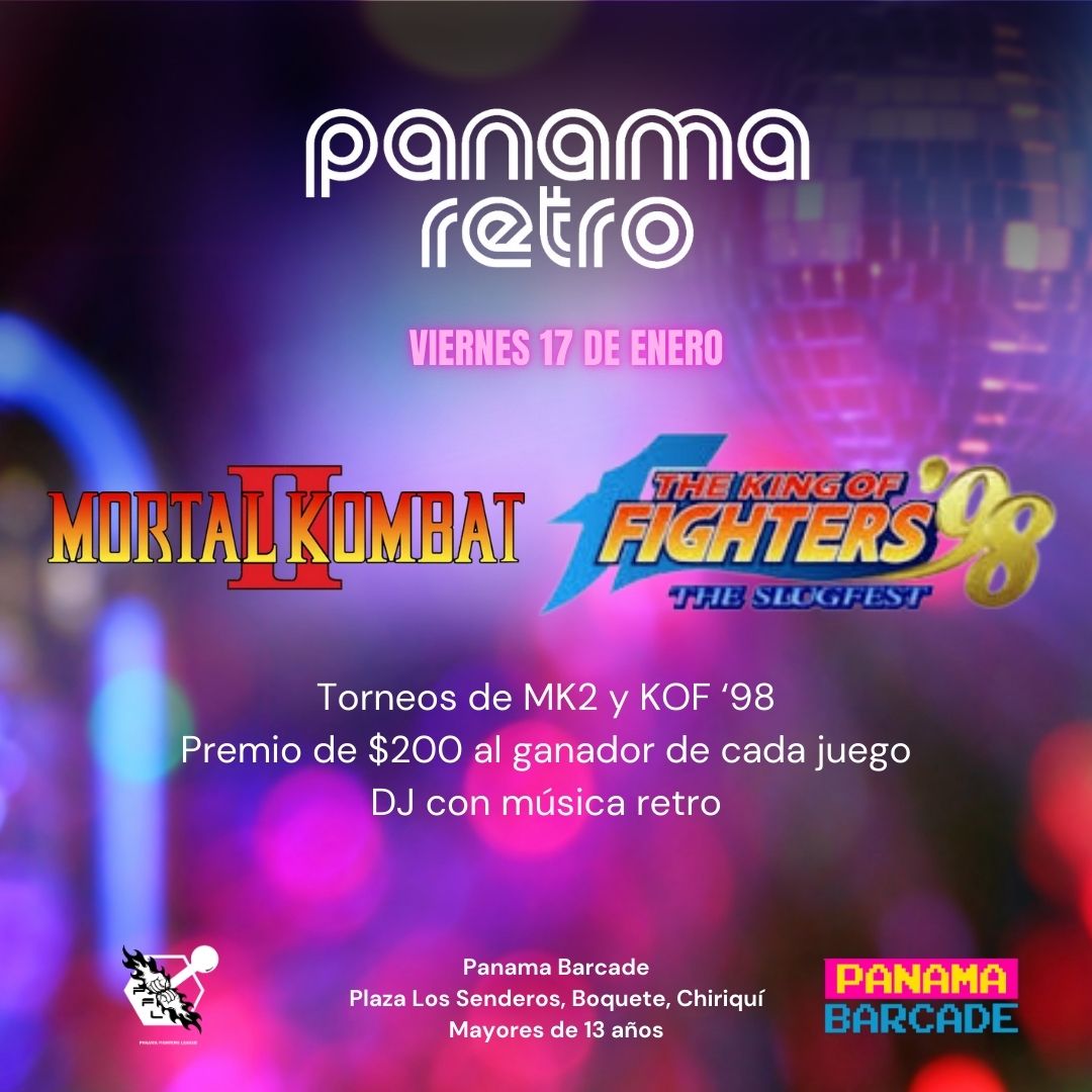 Este viernes 17 de enero tendremos torneos de MK2 y KOF '98 en <a href="/PanamaBarcade/">Panama Barcade 👾🍸🎮🍺</a> con premio de $200 al ganador de cada juego, nos acompañarán los chicos de <a href="/PanamaFighters/">PanamaFighters 🥊</a> y <a href="/Kailani_Cosplay/">Kailani Cosplay</a>