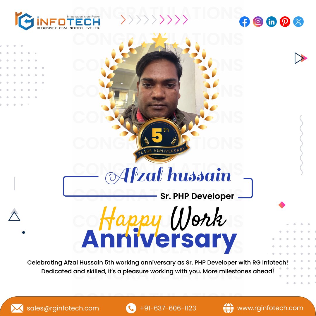rginfotech1's tweet photo. "#Happy #Work #Anniversary! 👏🌟

#Celebrating #Afzal #Hussain 5th #working #anniversary as #Sr. #PHP #Developer with #RG #Infotech! #Dedicated and #skilled, it's a pleasure #working with you. More milestones ahead!🎉🥳

#WorkAnniversary #SrPHPDeveloper #RGInfotech https://t.co/kWMnMYxEbx