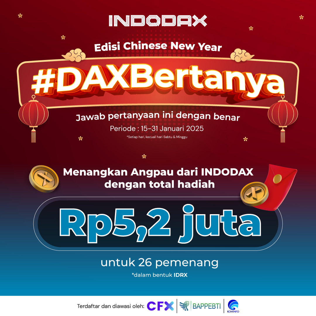 indodax's tweet photo. Siapa yang mau dapet angpau dari INDODAX?

Nih tinggal jawab pertanyaan #DaxBertanya tiap hari aja di Instagram atau Twitter @indodax dan ikuti syarat lainnya ya.

26 orang pemenang bisa dapet total angpau Rp5,2 juta dalam bentuk IDRX

#INDODAX #AsetMasaDepan https://t.co/ctLu3ArRWP