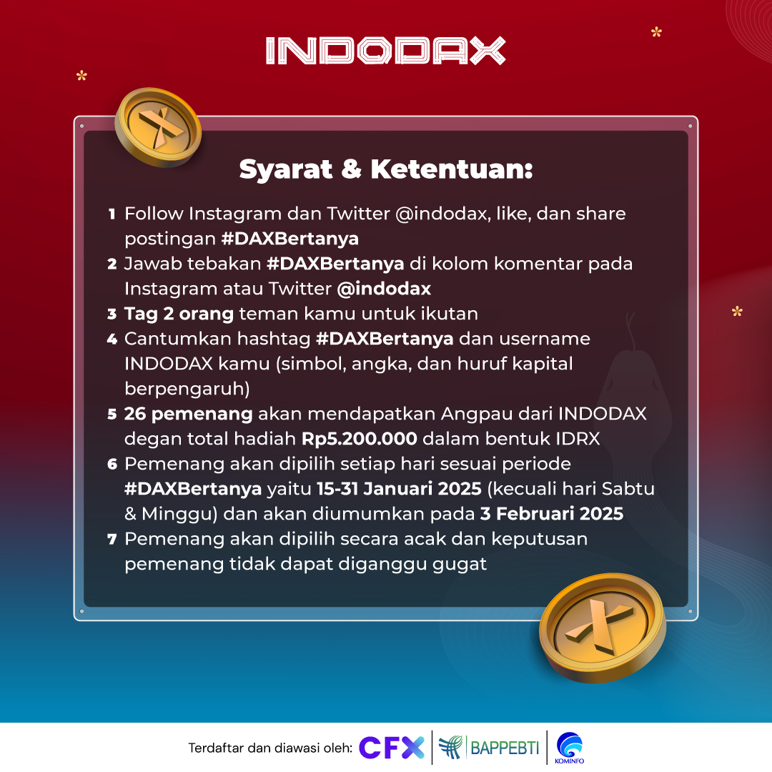 indodax's tweet photo. Siapa yang mau dapet angpau dari INDODAX?

Nih tinggal jawab pertanyaan #DaxBertanya tiap hari aja di Instagram atau Twitter @indodax dan ikuti syarat lainnya ya.

26 orang pemenang bisa dapet total angpau Rp5,2 juta dalam bentuk IDRX

#INDODAX #AsetMasaDepan https://t.co/ctLu3ArRWP
