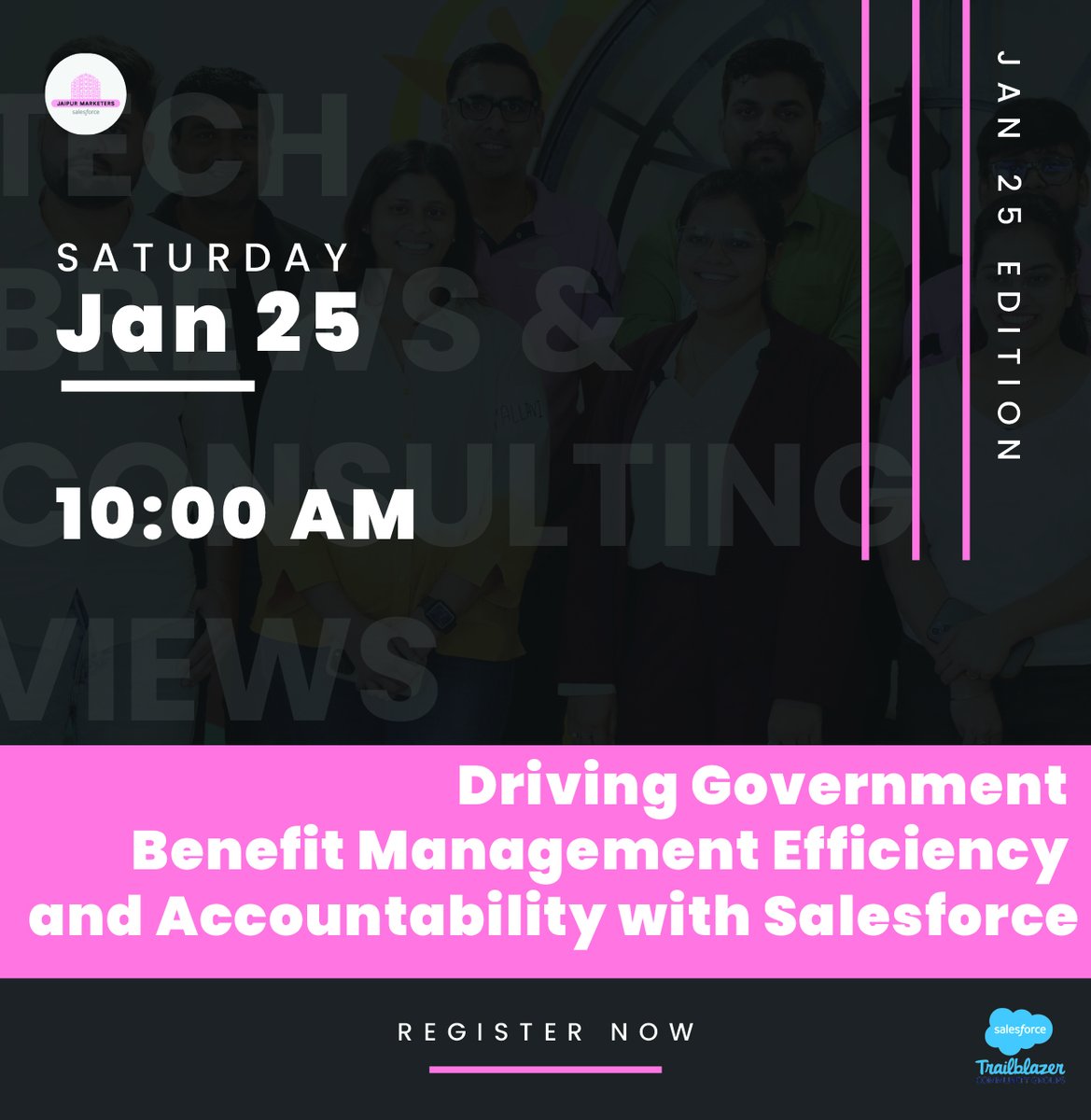 📢 You don't want to miss the upcoming session on Saturday, 25 Jan at 10:00 AM!

This edition teaches how to 'Drive Government Benefit Management Efficiency and Accountability with Salesforce'.

Registrations are open, RSVP now: lnkd.in/gtQfewVa 

#trailblazercommunity
