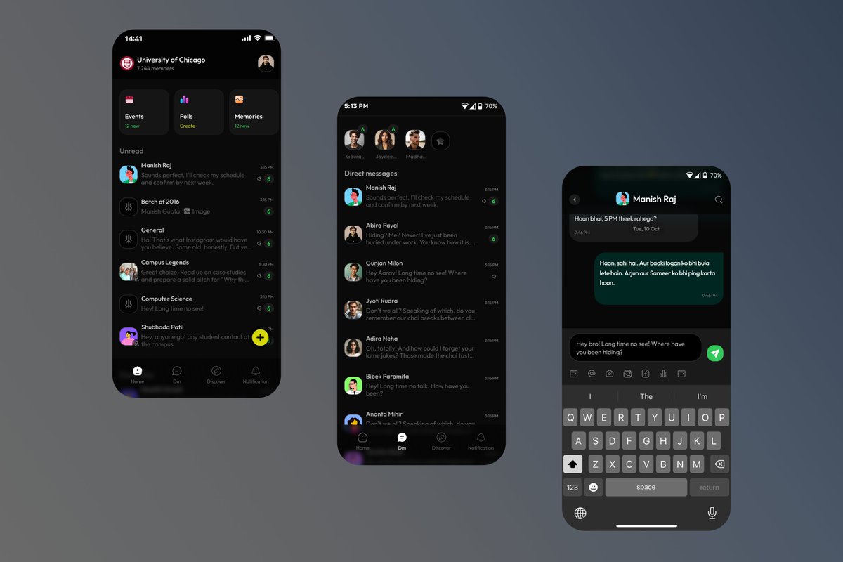 53bae15b8ecb4d6's tweet photo. 🚀 Just dropped a design concept for a community app! 📷 Featuring dark mode, intuitive messaging, and a sleek interface that keeps you connected with your peers. Let me know what you think! #UIUX #MobileApp #DarkMode #Design #UniversityLife #CommunityApp #MessagingApp https://t.co/HfNRwDUiFv