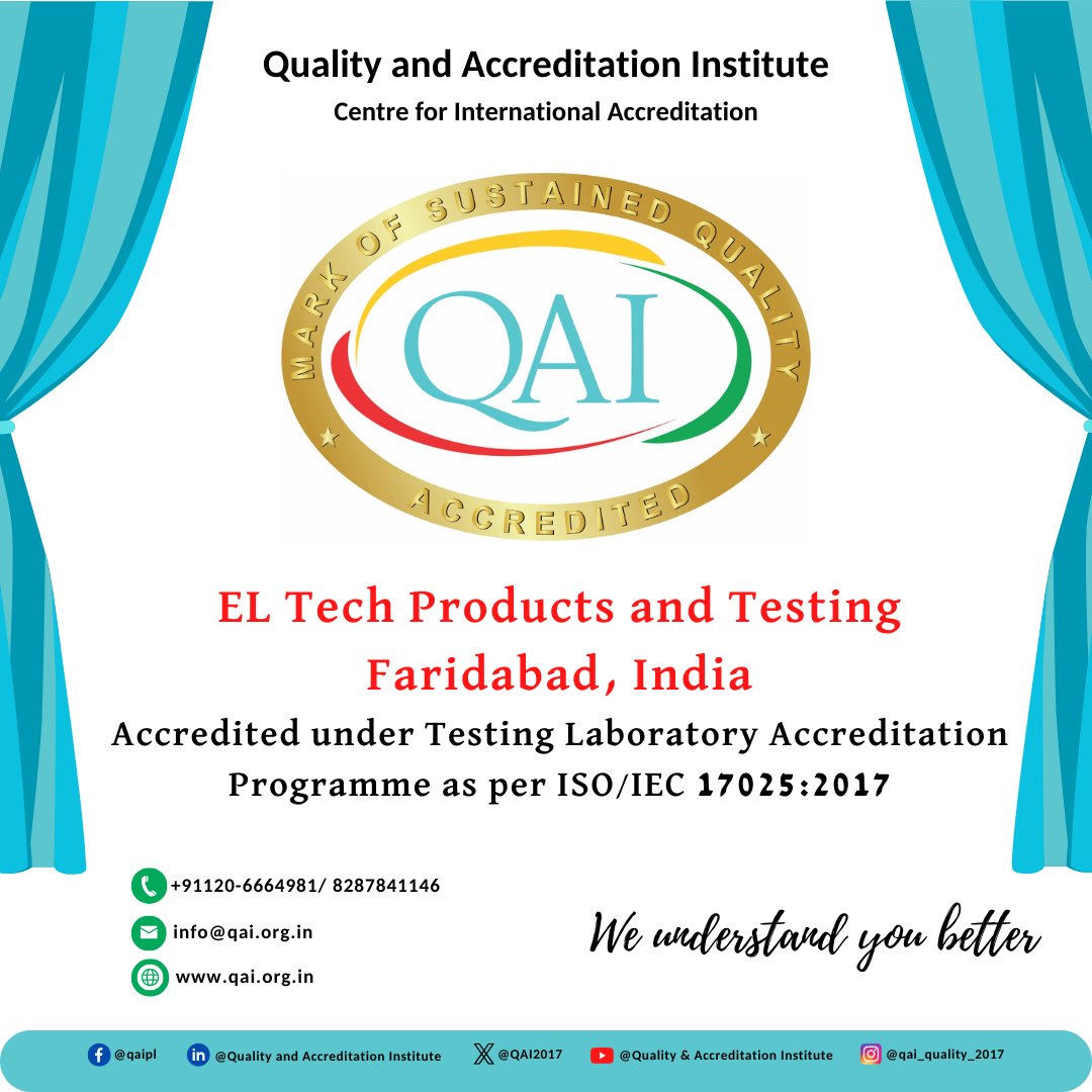 We are delighted to accredit EL Tech Products and Testing, #Faridabad #India
Congratulations to the team of lab for achieving this recognition.
#Testing