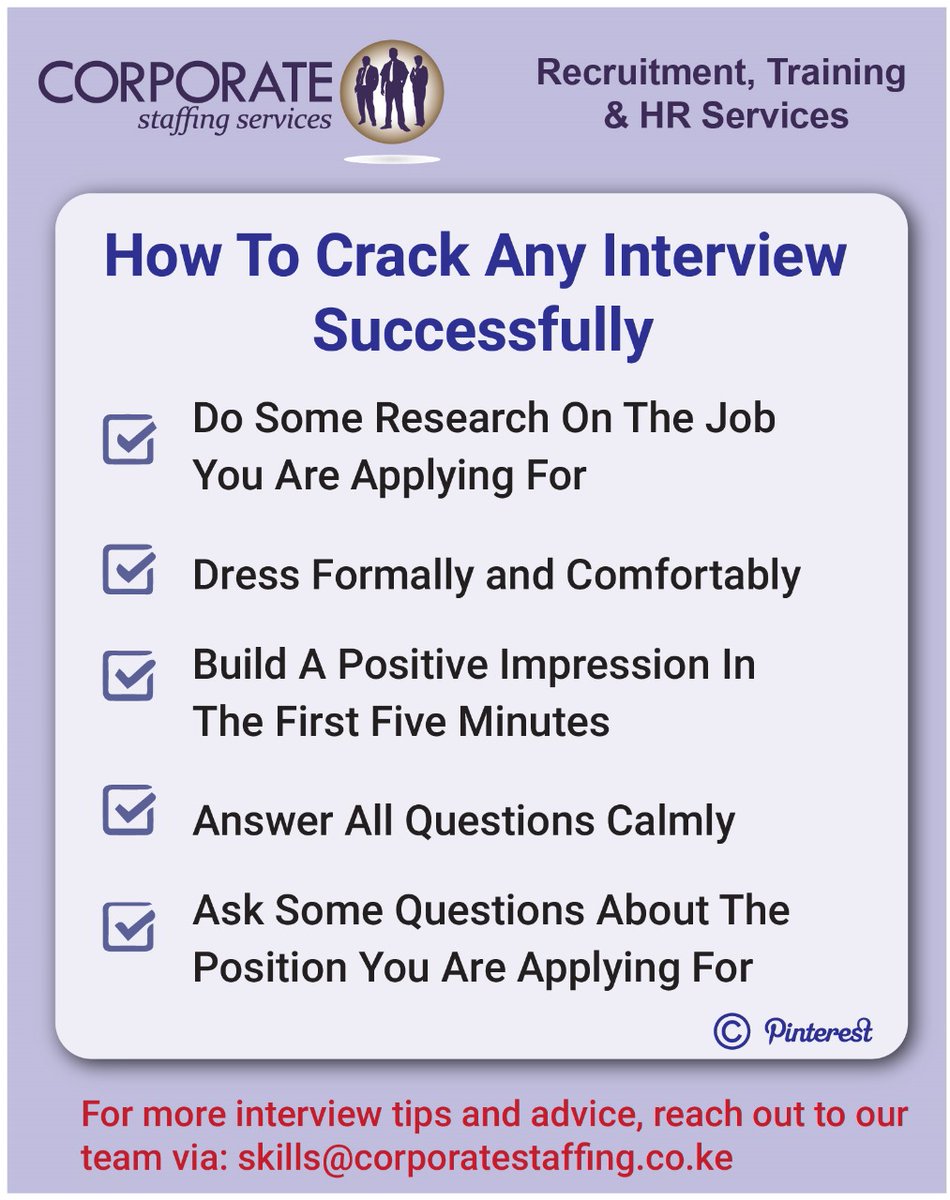KenyaRecruiters's tweet photo. Are you anxious about your next interview? reach out to us for our interview coaching services
https://t.co/6mi7RpV24B
#interviewtips #interviewadvice https://t.co/C04nVLvvja