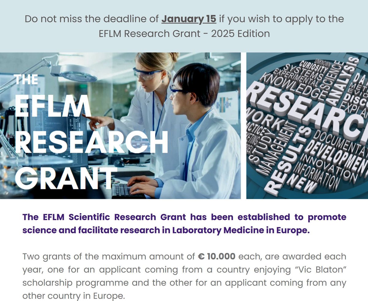 📢 Two important deadlines are due today!

1) Deadline for abstract submission to Euromedlab Brussels 2025📃 
-&gt; bit.ly/4hdgYGa

2) Deadline for the EFLM Scientific Research Grant submission ⚗️ 
-&gt; bit.ly/3BYgfKb

Looking forward to your submissions! 💫