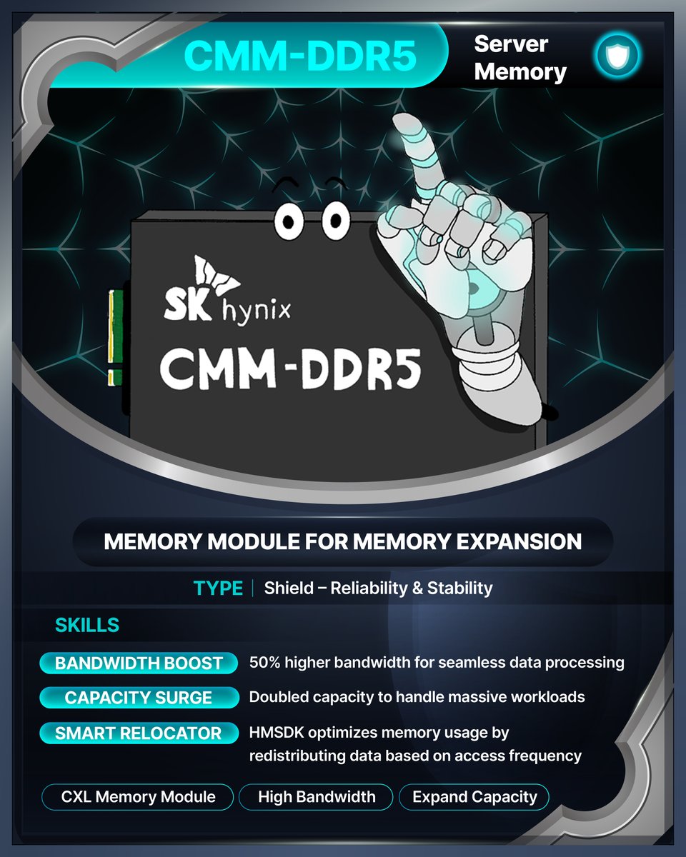 SKhynix's tweet photo. 🌟 Guardians of the AI Memory have arrived for X! 🌟
With HBM3E, the speed king; GDDR6-AiM, the AI accelerator; and CMM-DDR5, the multitasking pro, SK hynix powers X with next-gen server memory solutions. Lead your X systems to unmatched performance!
 
#HBM3E #GDDR6AiM #CMMDDR5 https://t.co/EtE9wFet7W