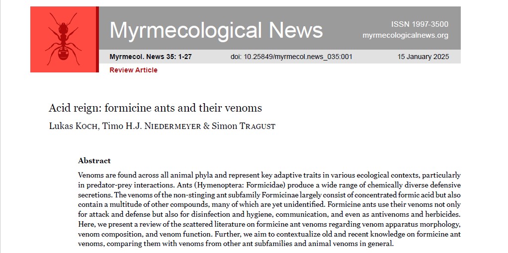 MyrmecolNews's tweet photo. 🆕Review Article: Acid reign: formicine ants and their venoms
Koch, L., Niedermeyer, T. H. J., & Tragust, S.
#Venom #formic #acid #chemical #communication
https://t.co/38xRiQLQA6 https://t.co/gF9zYKGsrw