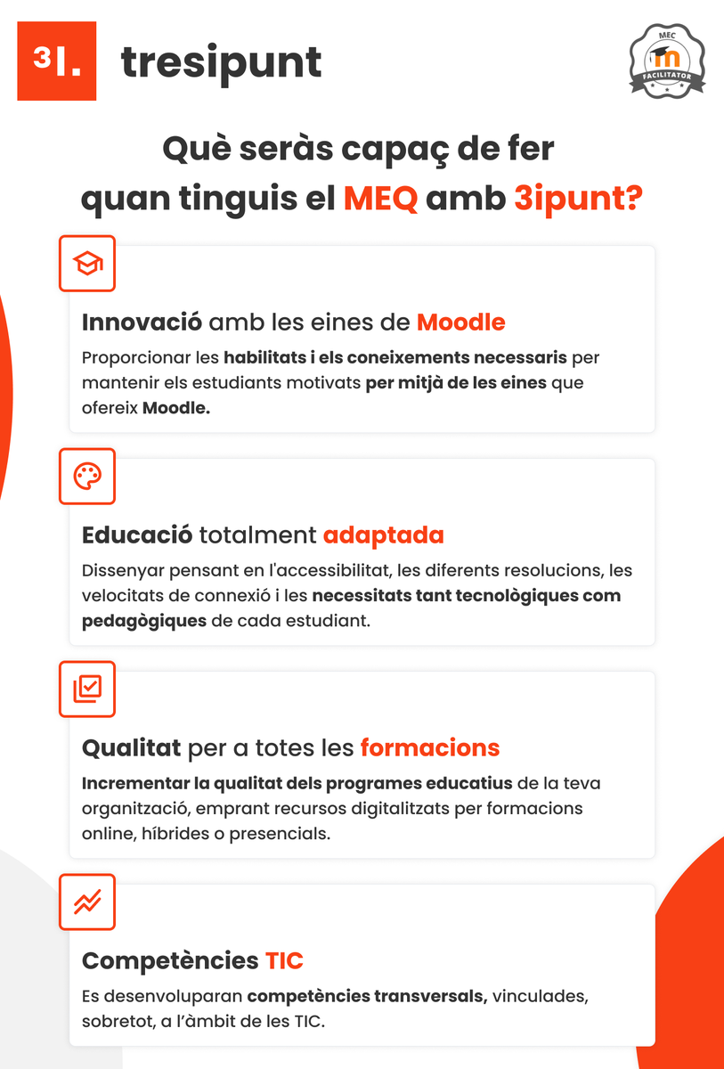 tresipunt's tweet image. 🎓 Ser professor implica estar en constant aprenentatge.
💻 Certifica les teves competències digitals amb el #MEQ i domina @moodle!
📅 Comencem noves edicions l'1 i el 15 de cada mes.
#letselearntogether #elearning