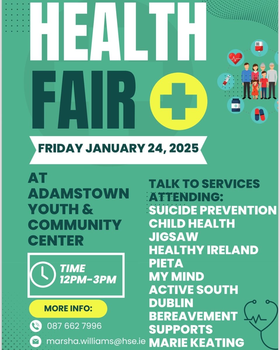 Lucan and Adamstown Health Fair on Jan 24th at 12pm to 3pm in Adamstown Youth and Community Centre. Over 30 services attending  come along to learn about supports available to you. All welcome #connectingforlife  <a href="/HSEDubMidlands/">HSE Dublin and Midlands</a> <a href="/NOSPIreland/">HSE National Office for Suicide Prevention (NOSP)</a>
