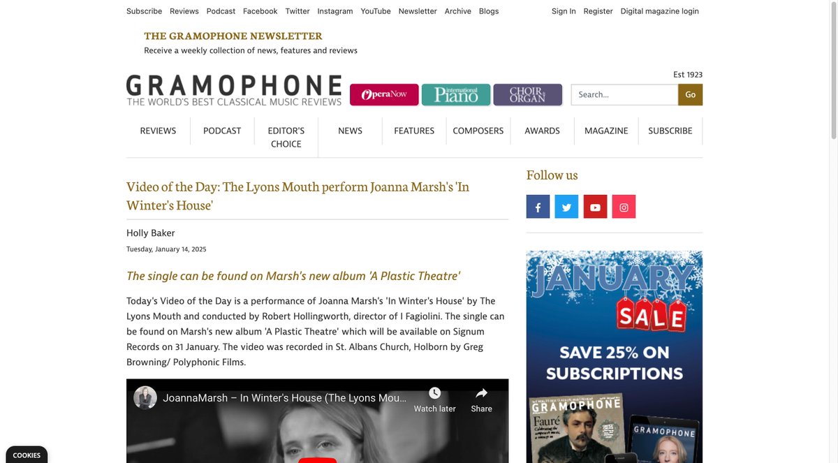 Really delighted to see <a href="/JoMarshComposer/">JOANNA MARSH</a> video for A Winter's House <a href="/GramophoneMag/">Gramophone</a> Video Of The Day - really special to be in the room capturing these sessions 📸👏🎬 with The Lyons Mouth and <a href="/ifagiolini/">Robert Hollingworth</a> 

👉 gramophone.co.uk/news/article/v…
Listen on Apple Music apple.co/40zFJqL