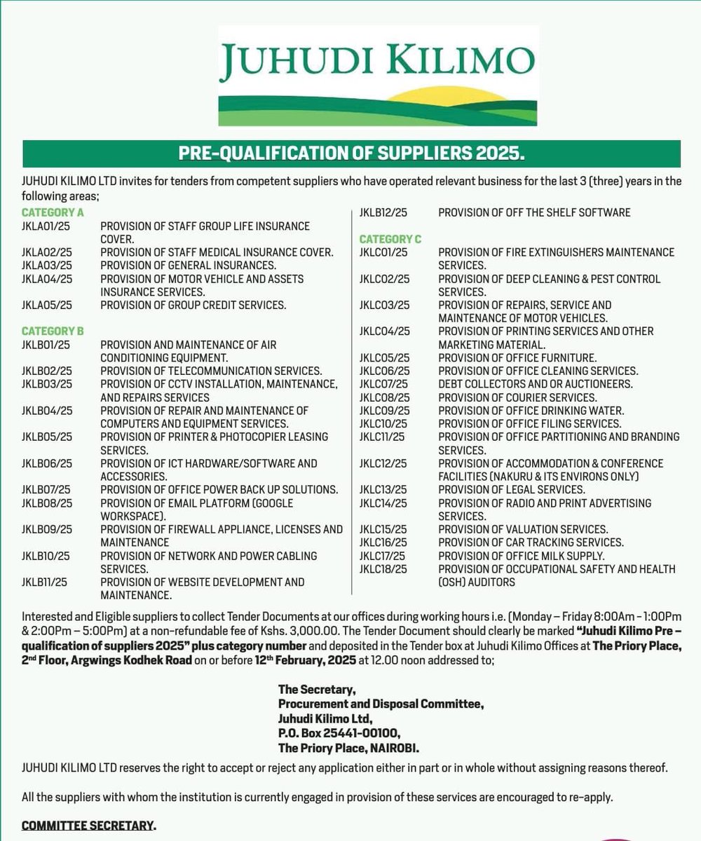 Juhudi Kilimo is now accepting applications for pre-qualification of suppliers 2025. We are looking to partner with related suppliers listed below. Apply before 12 February 2025. 

#juhudikilimo #supplier #tenders2025
