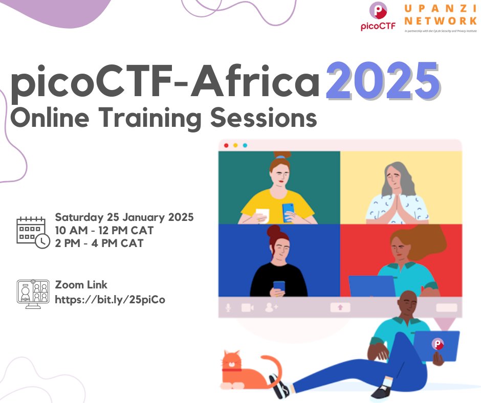 The Upanzi Network at CMU-Africa (@upanzi_network) on Twitter photo 🚀 It’s that time again to sharpen the skills that truly matter!! Dive into the world of #picoCTF and take your cybersecurity knowledge to the next level. 🛡️💻
📅 January 25
🕙 10 AM - 12 PM CAT
🕑 2 PM - 4 PM CAT
📆 February: Stay tuned!
Register now: bit.ly/25piCo 🚀 It’s that time again to sharpen the skills that truly matter!! Dive into the world of #picoCTF and take your cybersecurity knowledge to the next level. 🛡️💻
📅 January 25
🕙 10 AM - 12 PM CAT
🕑 2 PM - 4 PM CAT
📆 February: Stay tuned!
Register now: bit.ly/25piCo