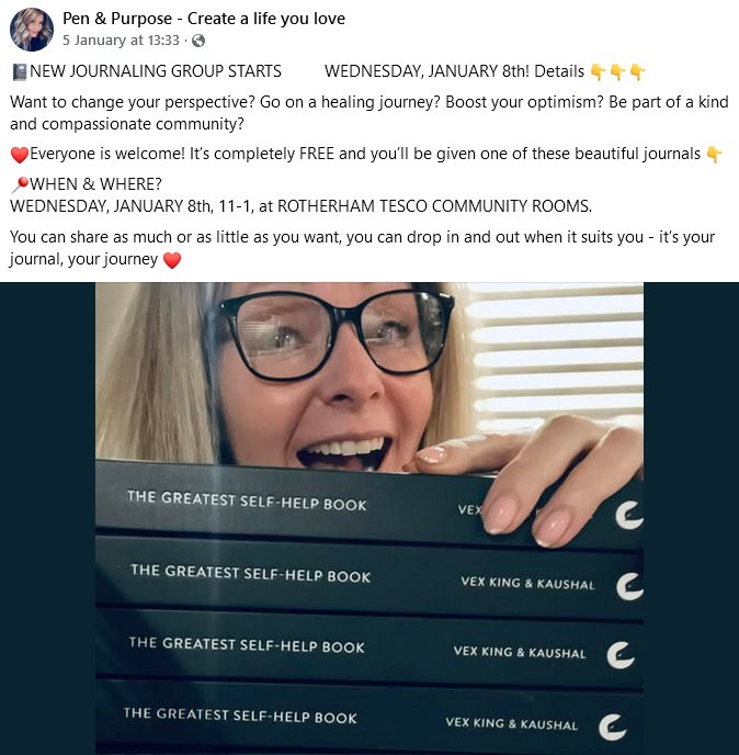 #news NEW Journalling Group 11am - 1pm 👇🏽📖🖊️

Join Rachel Burton Pen &amp; Purpose - Create a life you love on a new journalling journey - YOUR life YOUR story.

#journalling #yourstory #wellbeing #bettertogether

<a href="/Tesco/">Tesco</a>  <a href="/CarolynSherrat2/">Carol Sherratt(Tesco Rotherham Extra)</a>