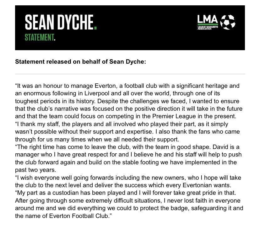 Statement released on behalf of Sean Dyche. 🔵