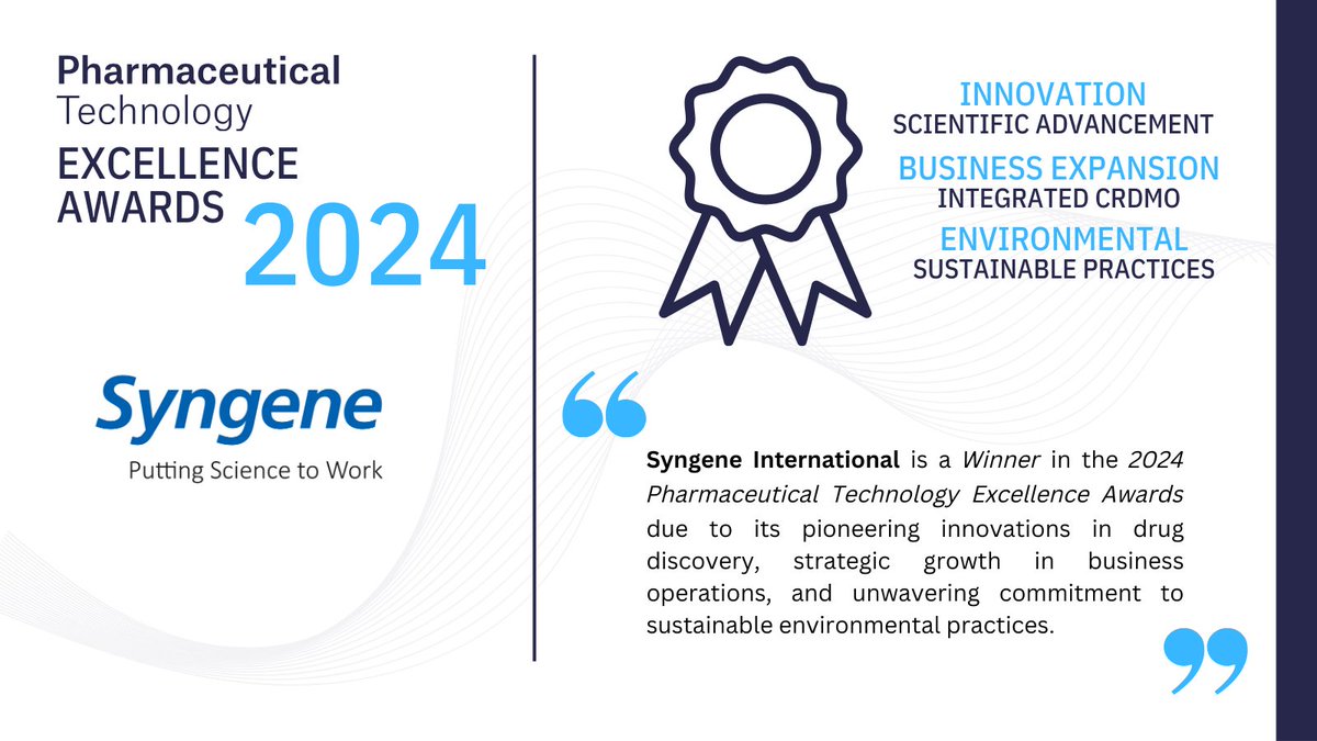 Pharma Technology Focus (@pharmatechfocus) on Twitter photo <a href="/SyngeneIntl/">Syngene Intl</a> received Innovation, Business Expansion, and Environmental awards at the 2024 Excellence Awards.
These accolades highlight Syngene’s advancements in drug discovery, growth in operations, and commitment to sustainability.
Find out more - bit.ly/4jdNKsA <a href="/SyngeneIntl/">Syngene Intl</a> received Innovation, Business Expansion, and Environmental awards at the 2024 Excellence Awards.
These accolades highlight Syngene’s advancements in drug discovery, growth in operations, and commitment to sustainability.
Find out more - bit.ly/4jdNKsA