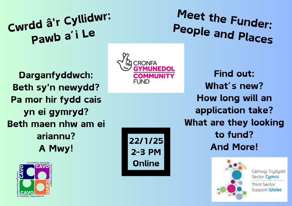 Mae wythnos dal i fynd cyn ein Cwrdd â'r Cyllidwr gyda Swyddogion Grantiau o'r Cronfa Gymunedol y Loteri Genedlaethol, yn rhoi diweddariadau ar eu cynllun grant Pawb a'i Le!

Beth am ymuno â ni am ddim a darganfod beth allant ei gynnig?

lu.ma/1vlvccwk