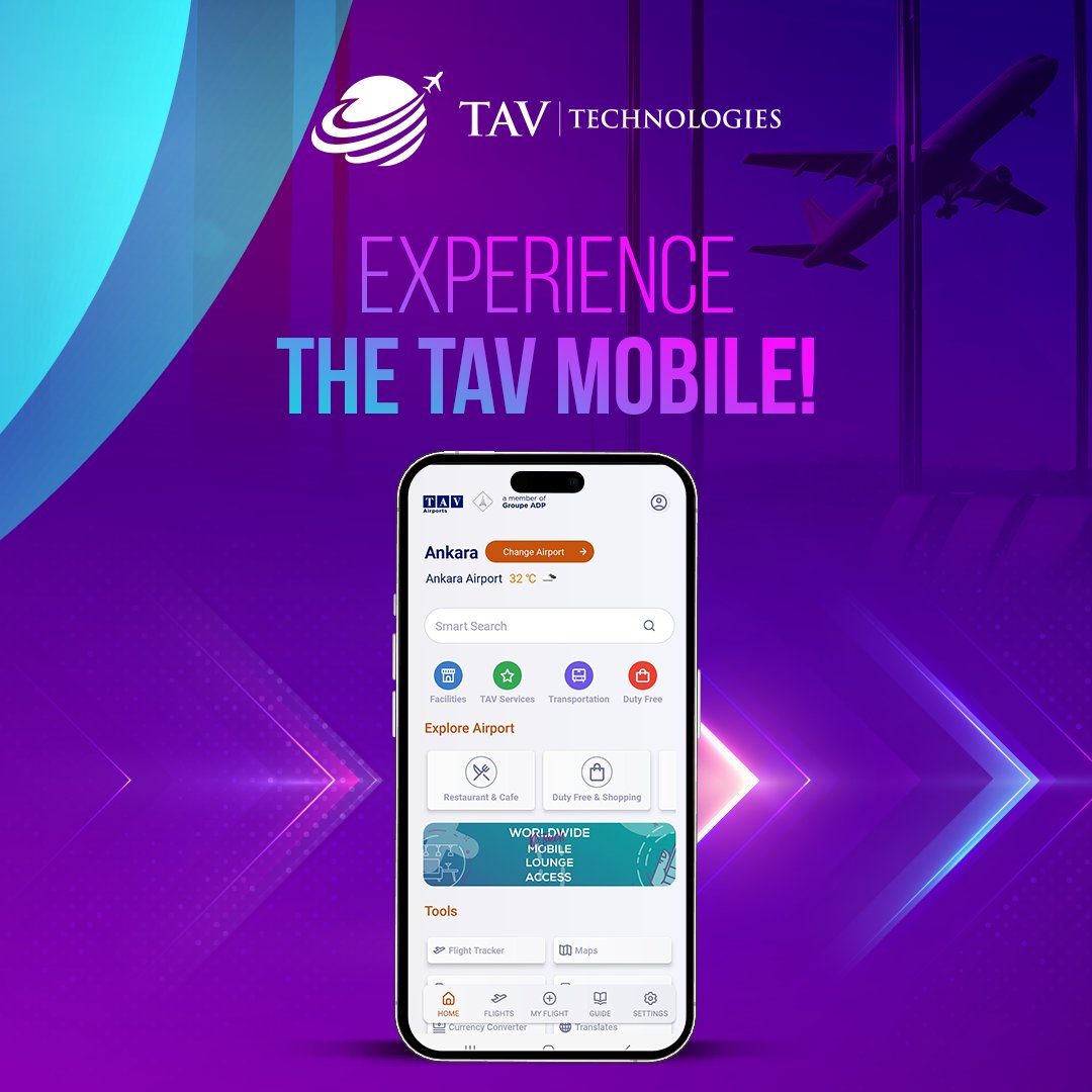 TAVTechnologies's tweet photo. Experience the TAV Mobile 📱

We've thought of everything passengers need during their travels!
Our renewed TAV mobile app provides all the information needed while passengers await their flight. 🛫

#TAVTechnologies  #airport #technology https://t.co/M58uXOx7xL