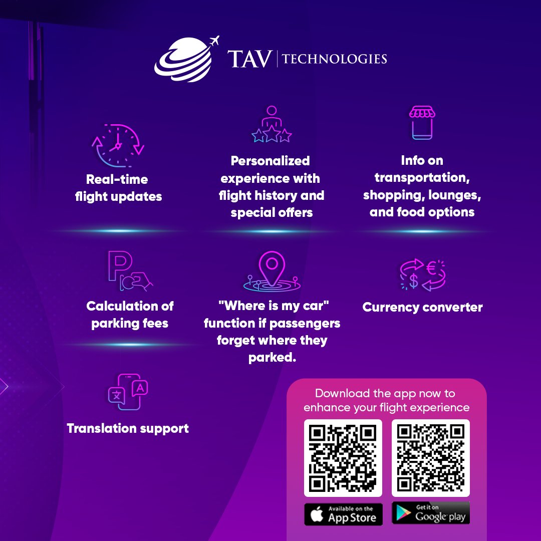 TAVTechnologies's tweet photo. Experience the TAV Mobile 📱

We've thought of everything passengers need during their travels!
Our renewed TAV mobile app provides all the information needed while passengers await their flight. 🛫

#TAVTechnologies  #airport #technology https://t.co/M58uXOx7xL