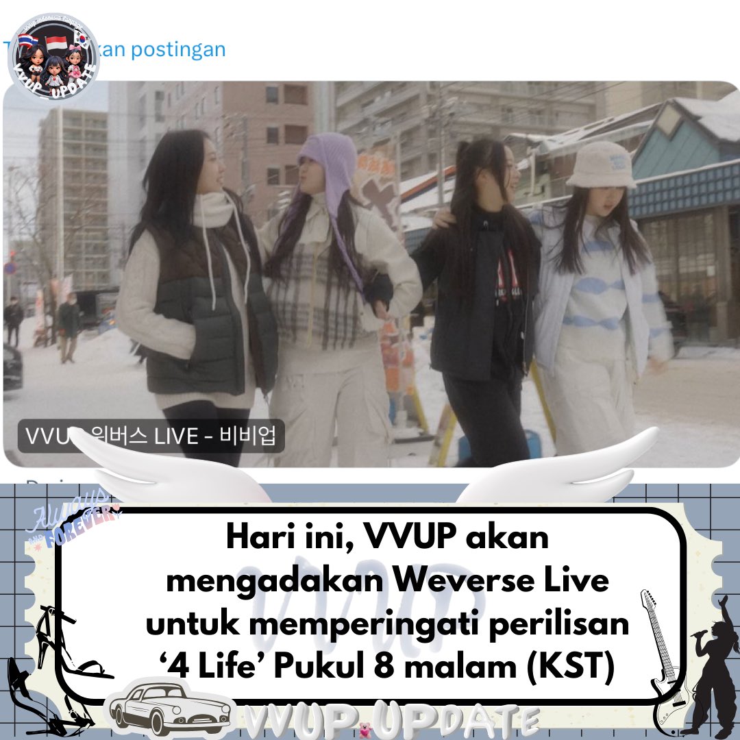VVUP_UPDATE's tweet photo. KST 8 Mlm - WIB 6 Malam
KST 8 Mlm - WITA 7 Malam
KAT 8 Mlm - WIT 8 Malam

Follow @VVUP_UPDATE on X for updates about VVUP. 

Cr.Pic :  https://t.co/YMXyAX6mi1
Post by : LEE🦄

#VVUP #비비업 #4life #VVUP_4LIFE_OUTNOW #WELCOMEJIYOON #VVINIE #VVUPUPDATE #KIM #PAAN #SUYEON #JIYOON https://t.co/oJ0UQLFmmI