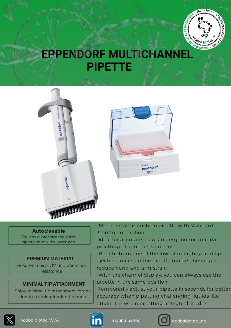 Eppendorf pipettes are one of the easiest to use. They are autoclavable and useful for a wide variety of liquids.

For more details, kindly reach out to us.
Phone number:+2348058827272