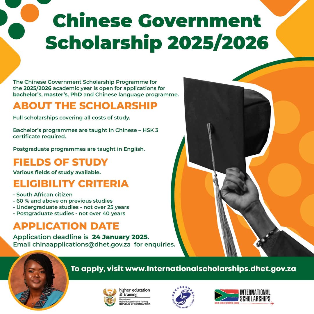 HigherEduGovZA's tweet photo. The Chinese Government is offering scholarships for South African students to study at Chinese institutions starting in the 2025/26 academic year.  DHET is responsible for nominations for the Chinese Government scholarship programme.
 https://t.co/BYuSJpin60 https://t.co/ZIR0QaJAts