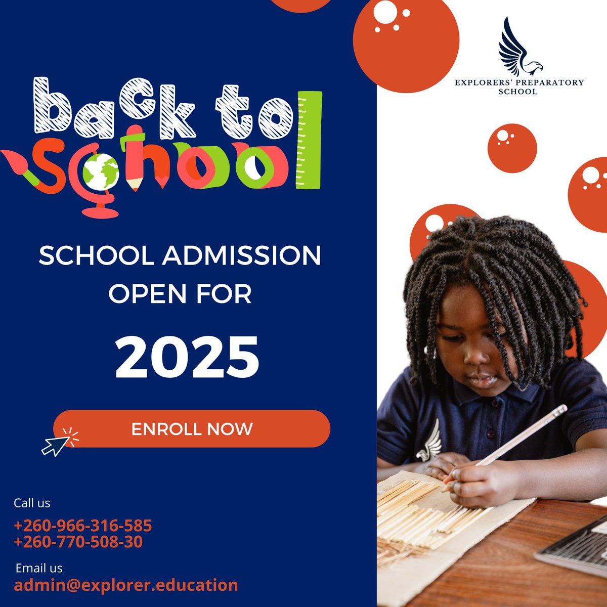 explorer_school's tweet photo. Admissions are now open! Give your child a head start with exceptional learning experiences at Explorers Preparatory School. Don’t miss the chance to be part of a vibrant community that nurtures growth and creativity. Call us today at +260-966-316-585 or +260-770-508-303 to enrol https://t.co/6dSm0sU4IE