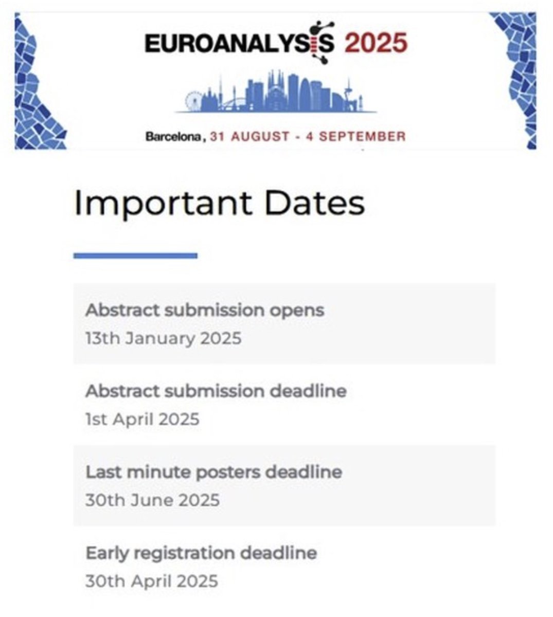 euroanalysis25's tweet photo. Registration and submission of abstracts are already available!

https://t.co/pguq818fJy

#Euroanalysis #AnalyticalChemistry #EuChems #SCQ https://t.co/2hGMgWIZpN