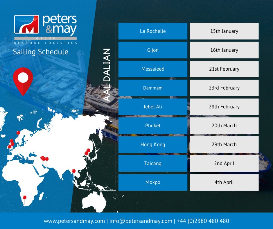 Sailing alert: Connecting Europe, the Middle East, and the Far East in one seamless journey onboard the AAL DALIAN vessel.

Contact our team today to explore your options🚢
📧 info@petersandmay.com

#GlobalYachtLogistics #SailingSchedules #BespokeLogistics #PetersAndMay