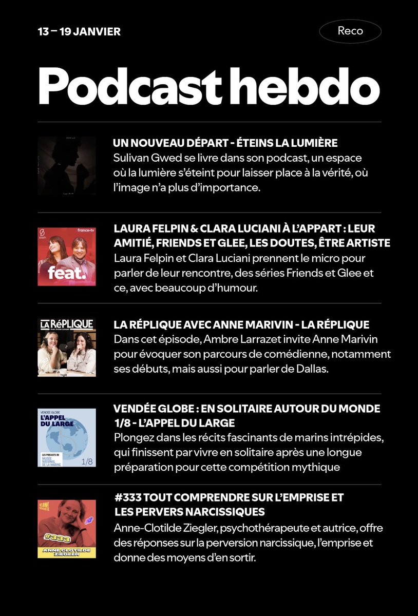 On écoute quoi cette semaine comme podcasts ?

🕯️ <a href="/sulivangwed/">Sulivan Gwed</a>
🛋️ @ODiawara_ x <a href="/francetvslash/">Slash</a> x <a href="/claraluciani/">Clara Luciani</a>
🤣 <a href="/Ambre_LLL/">Ambre Larrazet</a> x <a href="/anne_marivin/">Anne Marivin</a> x <a href="/anotherEngle/">Engle</a>
🌎 <a href="/museemarine/">Musée national de la Marine</a> x <a href="/CamilleJuzeau/">Camille Juzeau</a>
⛓️ <a href="/vlan/">vlan</a> x <a href="/gregfromparis/">gregfromparis</a>

À retrouver sur Spotify ➡️ spoti.fi/403SJoq