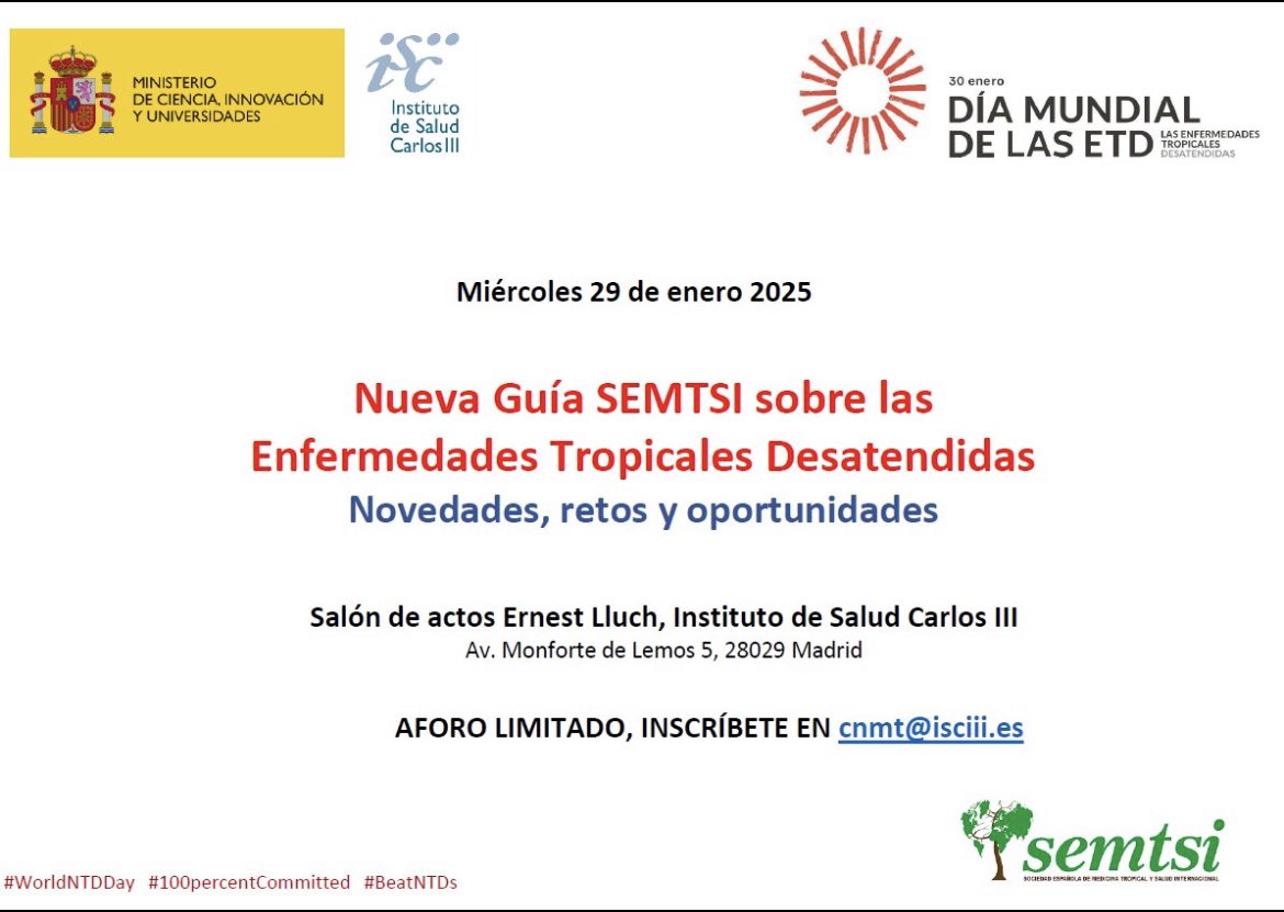 RomayBarja's tweet image. Únete a la celebración del Día Mundial de las Enfermedades Tropicales Desatendidas #NTDs en @SaludISCIII ,  el próximo miércoles 29 de enero, con grandes expertos que hablarán de la Guía @NTDs_SEMTSI . Aforo limitado ¡Es necesario inscribirse!! 
#BeatNTDs