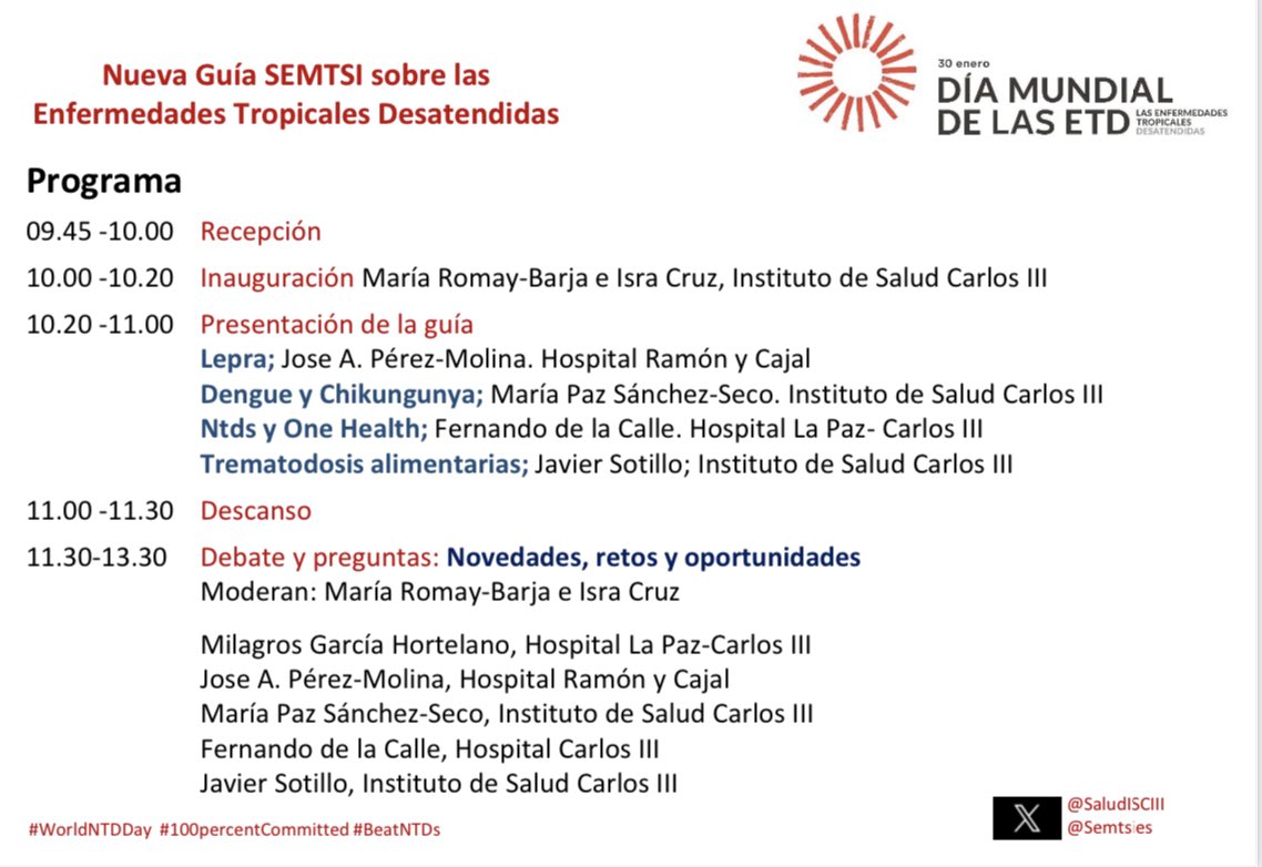 Únete a la celebración del Día Mundial de las Enfermedades Tropicales Desatendidas #NTDs en <a href="/SaludISCIII/">Instituto de Salud Carlos III (ISCIII)</a> ,  el próximo miércoles 29 de enero, con grandes expertos que hablarán de la Guía <a href="/NTDs_SEMTSI/">NTDs SEMTSI</a> . Aforo limitado ¡Es necesario inscribirse!! 
#BeatNTDs