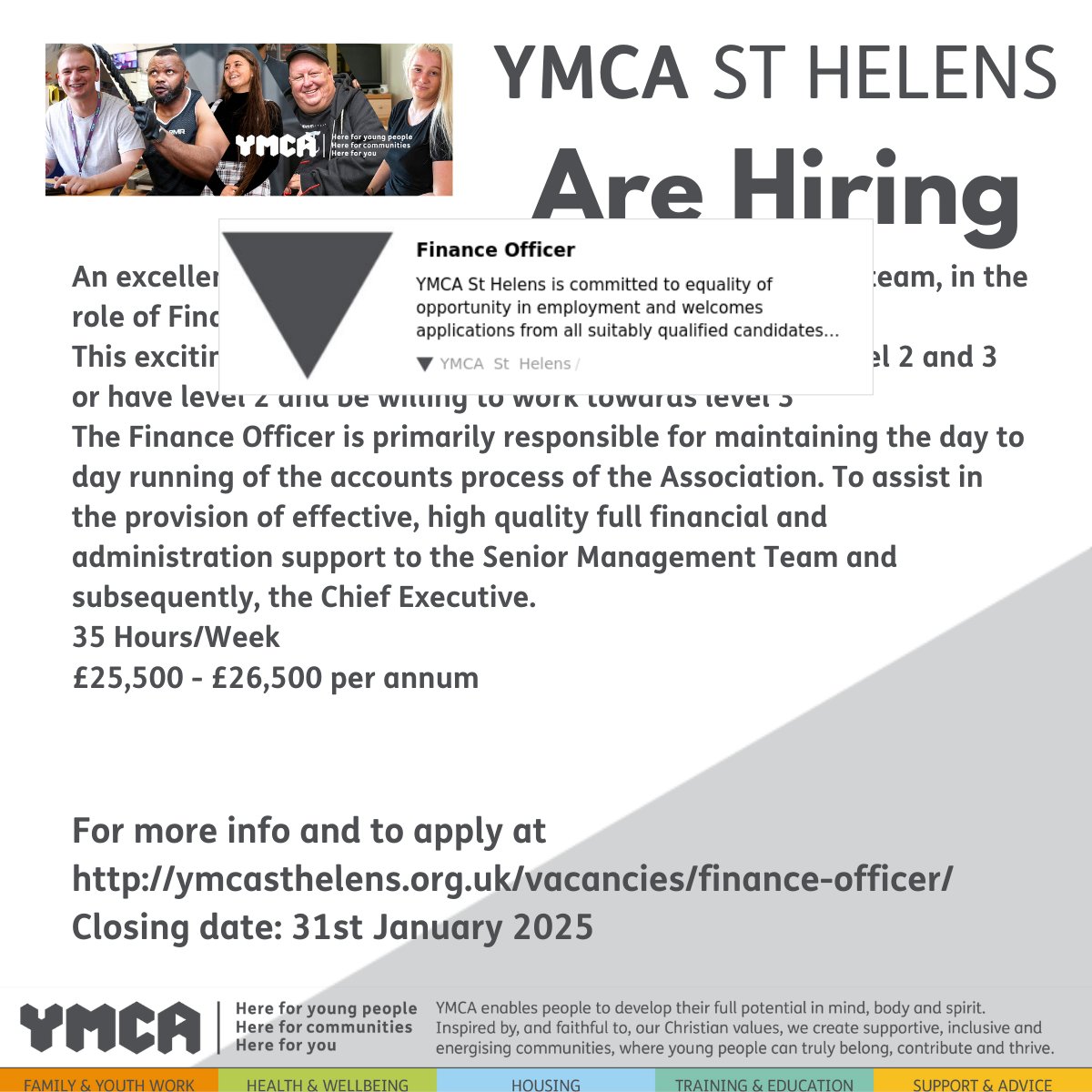An excellent opportunity to join the team at YMCA St Helens as a Finance Officer .
If you are interested , please apply at :
ymcasthelens.org.uk/vacancies/fina…
#sthelensjobs#mersysidejobs#accounts#finance#accountsjobs#AAt#wiganjobs#warringtonjobs