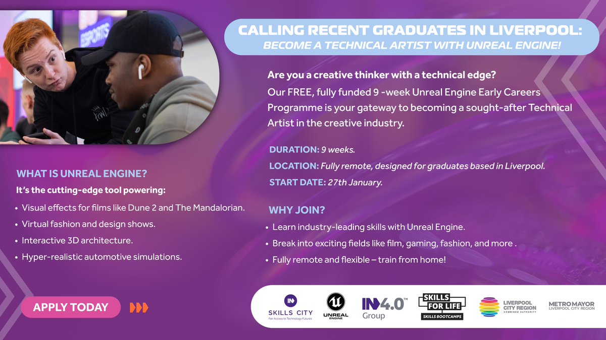 IN4_Group's tweet image. 🎮 Liverpool grads! 🌟
Join our FREE 9-week Unreal Engine Programme. Fully remote!
✔️ Hands-on Unreal Engine experience ✔️ Projects in film, gaming & more
Apply now! 🔗 apply.skills-city.com