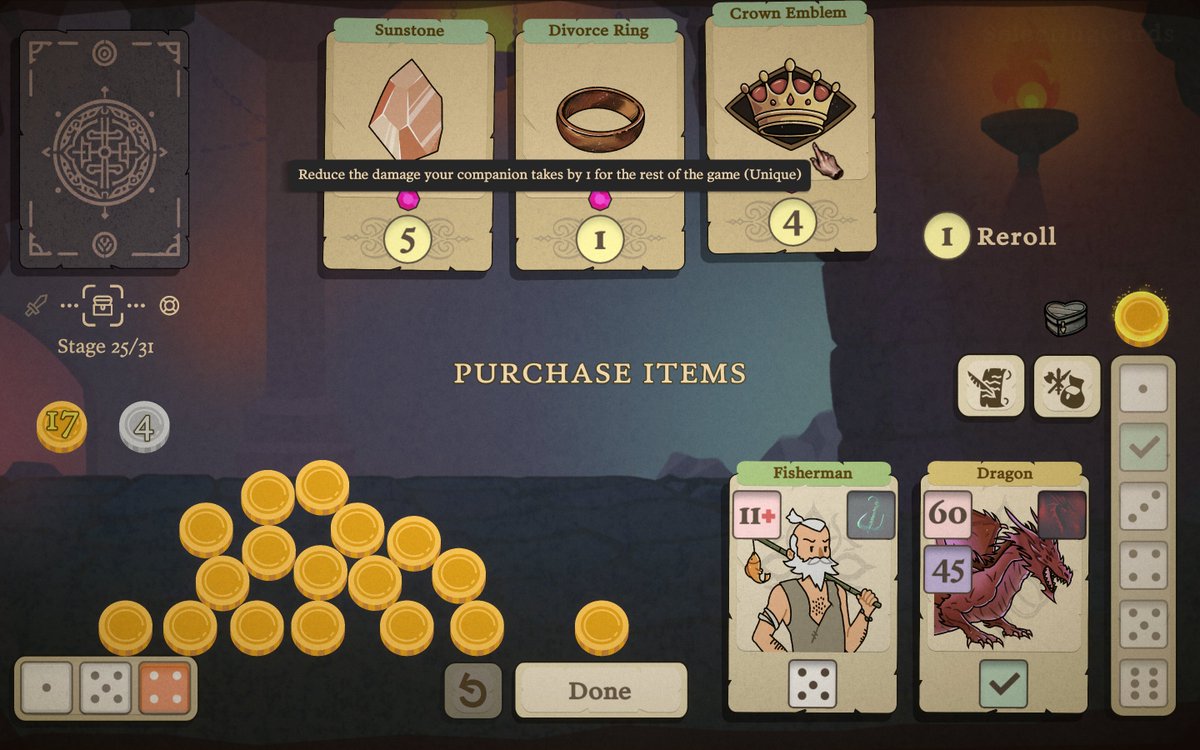 Enter a dungeon where dice rule and monsters lurk! 🎲

In Dice &amp; Fold, every roll tests your strategy as you battle through turn-based challenges to face the ultimate boss. ⚔️✨

Wishlist now on #Steam! 
#WishlistWednesday