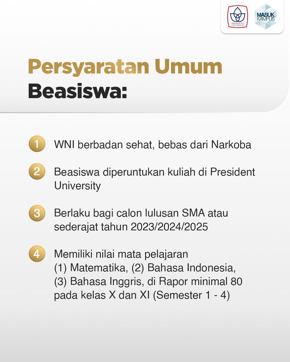 masukkampus's tweet photo. Beasiswa President University x MasukKampus 2025 sudah dibuka!

Terbatas hanya untuk 200 penerima beasiswa.

Link pendaftaran ada di bawah ya, Glads! https://t.co/rKlKURQ65Z