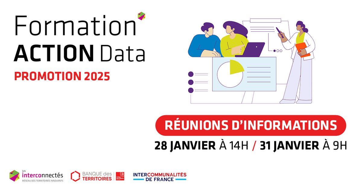 🚀 Rejoignez la 2ème promotion de "Mobiliser les données au service du territoire" !

8 mois de formation en ligne gratuite, mentorat et échanges pour les collectivités sélectionnées. Places limitées !

🗓️ Réunions d'info en visio les 28/01 &amp; 31/01.
👉 evenements.interconnectes.com/formation-acti…