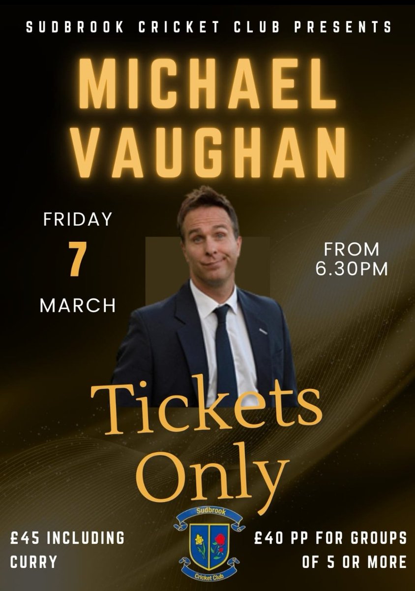 Sudbrook Cricket Club is delighted to announce <a href="/MichaelVaughan/">Michael Vaughan</a> will be holding a Q&amp;A on Fri 7th March...

Tickets will be available behind the bar from next week, alternatively you can Whatsapp us on 07728909686 to reserve and pay online.

Should be a great evening !!