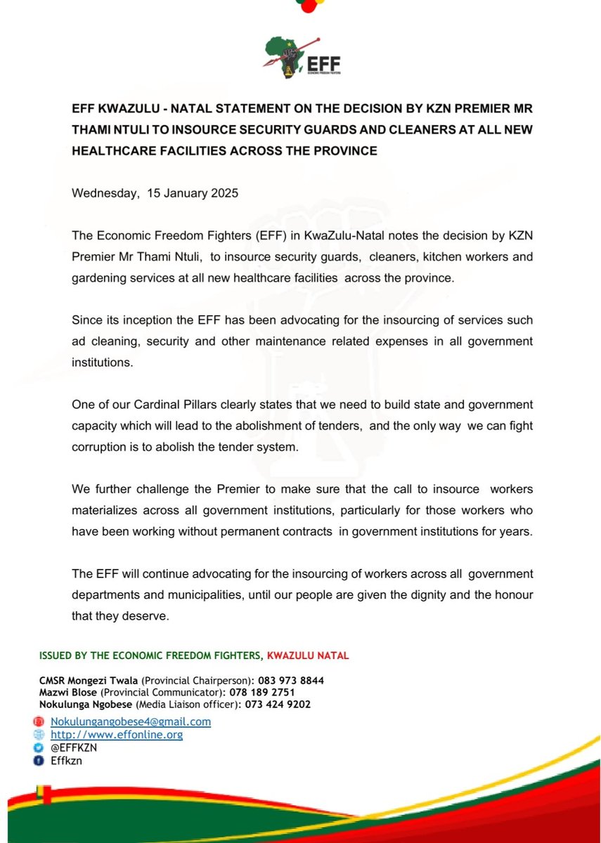 EFF KWAZULU-NATAL STATEMENT ON THE DECISION BY KZN PREMIER TO INSOURCE SECURITY GUARDS AND CLEANERS AT ALL NEW HEALTHCARE FACILITIES ACROSS THE PROVINCE