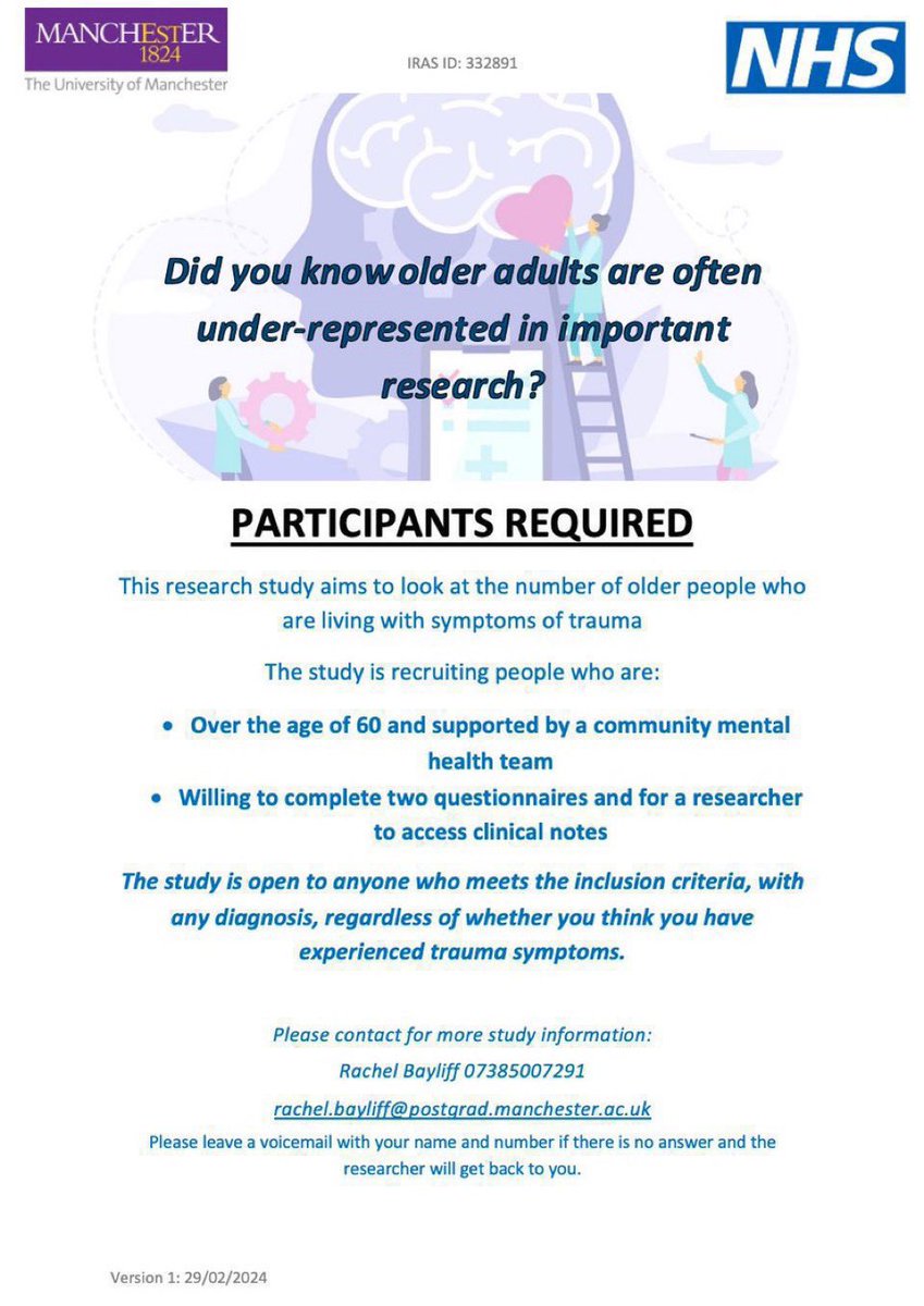 UoMOlderAdults's tweet photo. Do you know someone with an active interest in taking part in research? 

Are they aged 60 years or over and supported by a community mental health team?   

Check out the poster below and get in touch via email if you know someone who might be interested  
#GMMH #Pennine #LSCFT https://t.co/aIFl3Wr2Ia