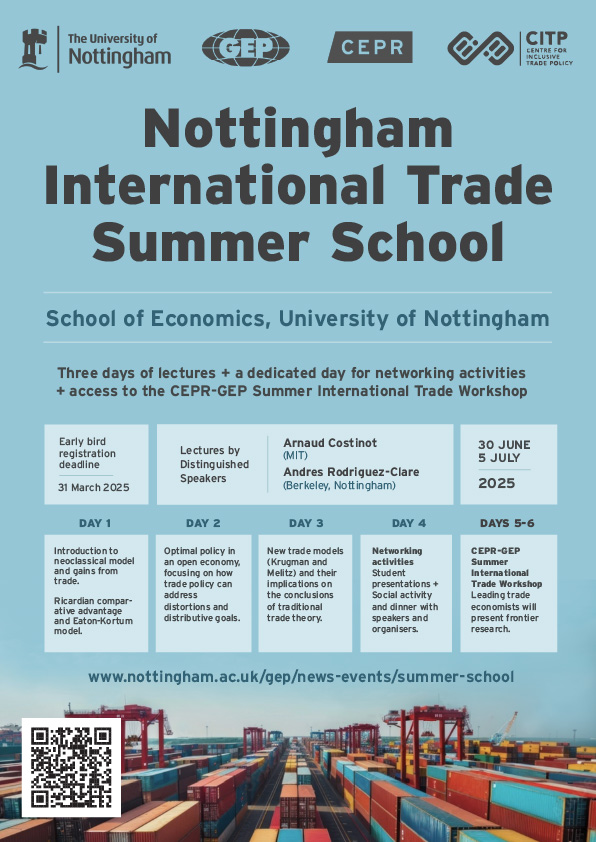 Attention PhD students, postdocs, prof. economists!

We will have our first Nottingham International Trade Summer School this summer!

Lecturers: Arnaud Costinot and Andres Rodriguez-Clare

Dates: 30/6 to 5/7

Registration open! 
nottingham.ac.uk/gep/news-event…