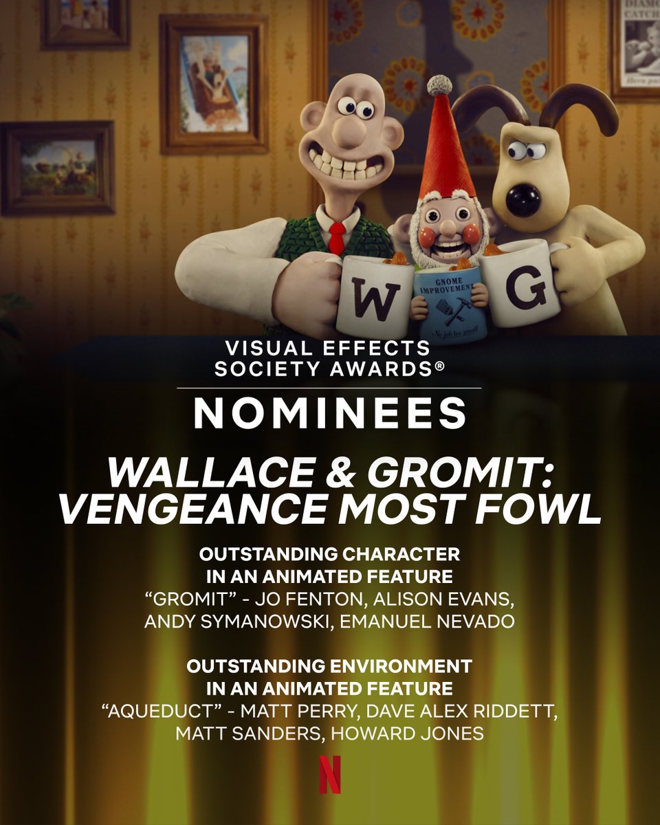 Aardman (@aardman) on Twitter photo Wallace & Gromit: Vengeance Most Fowl has been nominated in two categories at the <a href="/VFXSociety/">VisualEffectsSociety</a> #VESAwards!
⭐ Outstanding Character in an Animated Feature
⭐ Outstanding Environment in an Animated Feature Wallace & Gromit: Vengeance Most Fowl has been nominated in two categories at the <a href="/VFXSociety/">VisualEffectsSociety</a> #VESAwards!
⭐ Outstanding Character in an Animated Feature
⭐ Outstanding Environment in an Animated Feature