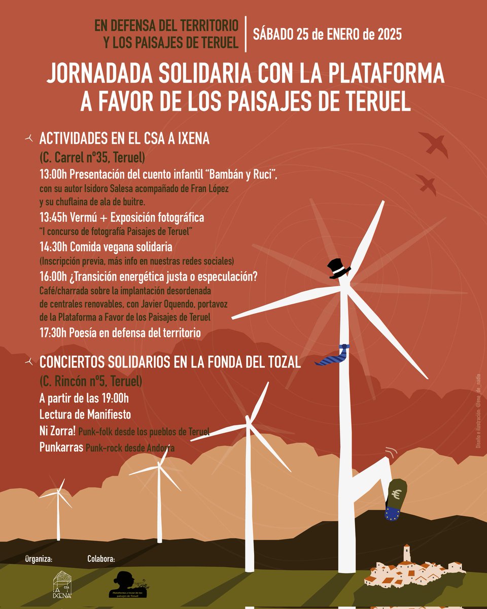 El próximo sábado 25 de enero tenemos una cita en defensa del territorio y los paisajes de Teruel en el @csaaixena, una jornada para hacer frente a la implantación desordenada de macroproyectos de energías renovables en la provincia.

Toda la info en cartel e hilo 👇