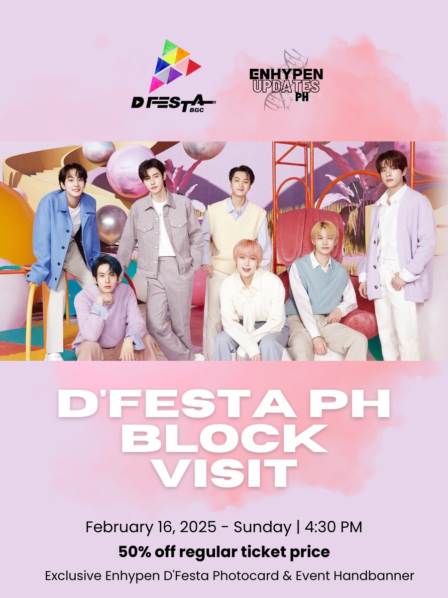 en_updatesph's tweet photo. 🎉 Calling all PH ENGENEs! Don’t miss our exclusive D'Festa block visit on February 16 at 4:30PM. Enjoy 50% OFF and witness never-before-seen photos and performances of ENHYPEN 🥳💗

Register here: https://t.co/OZCoBbUpwd 

See you ENGENES! ☺️

@dfesta_ph
#ENHYPEN #ENGENE https://t.co/NhNGmLSMDQ